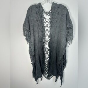 Gray Ombré Fringe Knit Sweater Kimono Ruana One Size Festival Boho